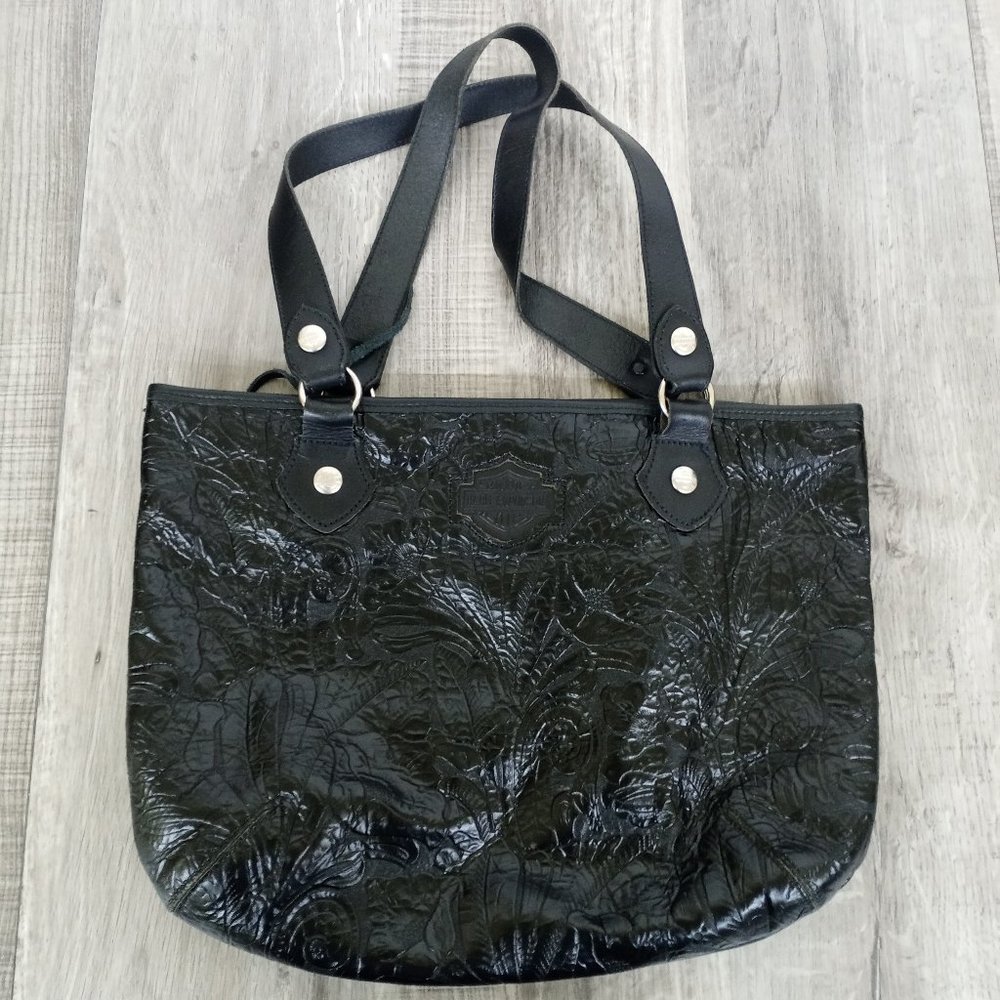 Harley Davidson Purse Black Leather Embossed Floral